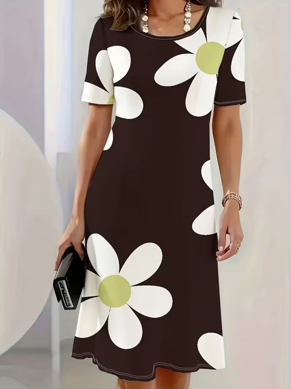Rochie de damă tip A-line, poliester, imprimeu floral, imprimare digitală 3D, lungime medie, mâneci scurte
