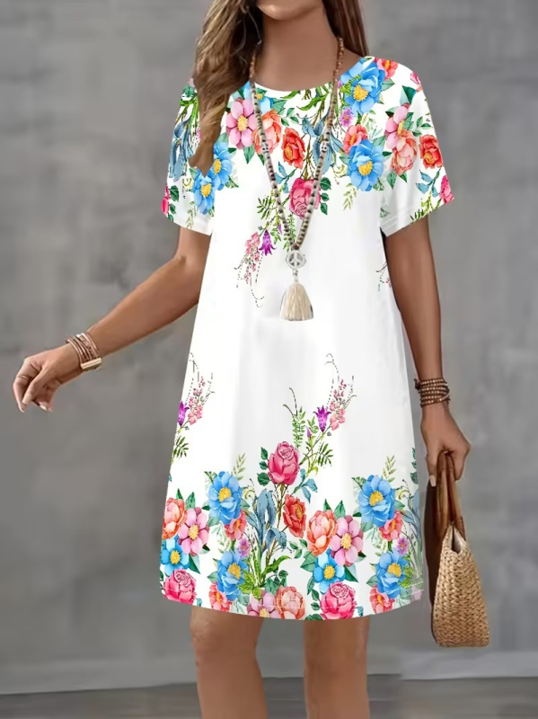 Rochie de damă tip A-line, poliester, imprimeu floral, imprimare digitală 3D, lungime medie, mâneci scurte
