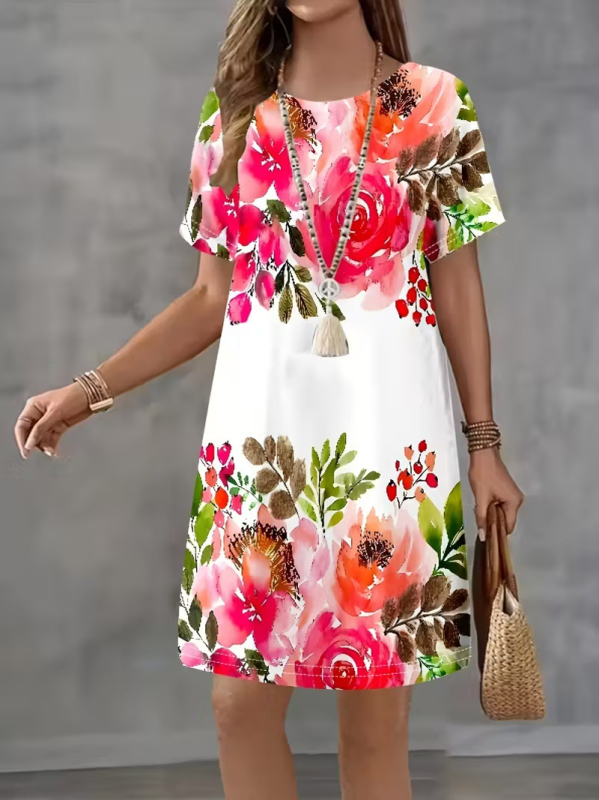 Rochie de damă tip A-line, poliester, imprimeu floral, imprimare digitală 3D, lungime medie, mâneci scurte