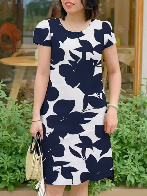 Rochie de damă tip A-line, poliester, imprimeu floral, imprimare digitală 3D, lungime medie, mâneci scurte