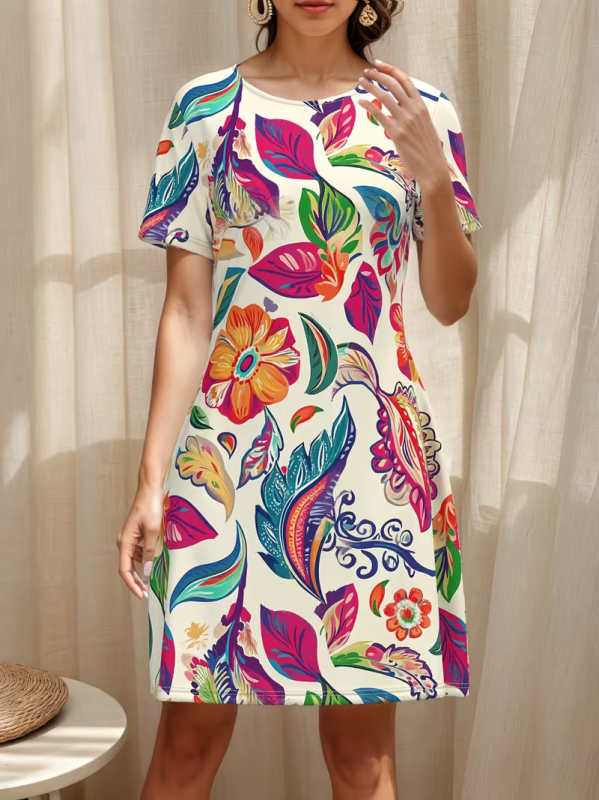 Rochie de damă tip A-line, poliester, imprimeu floral, imprimare digitală 3D, lungime medie, mâneci scurte