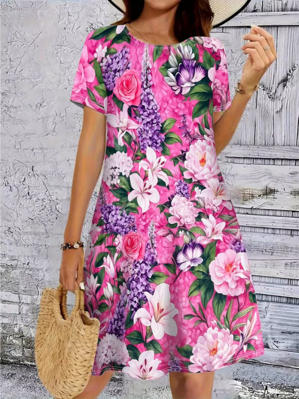 Rochie de damă tip A-line, poliester, imprimeu floral, imprimare digitală 3D, lungime medie, mâneci scurte