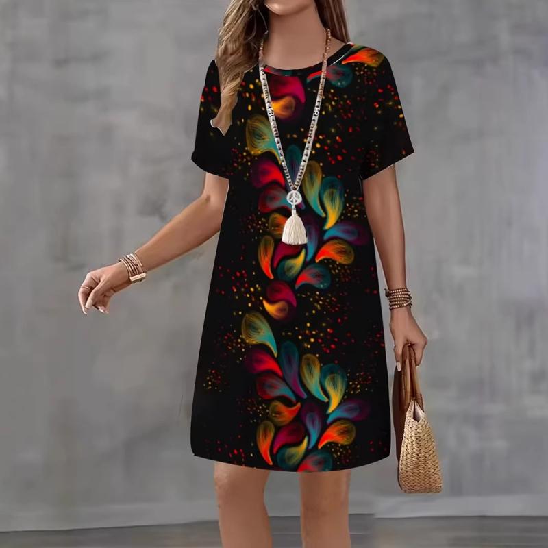 Rochie de damă tip A-line, poliester, imprimeu floral, imprimare digitală 3D, lungime medie, mâneci scurte