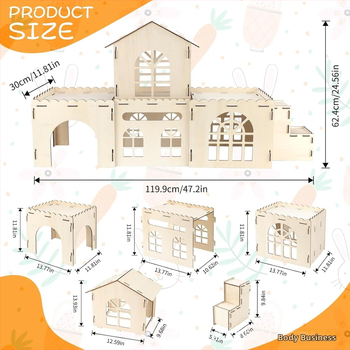 Drveni dvorac za zečeve — prostrano prozračno skrovište za unutarnje zečeve, hrčke i guinejske svinje, marka Qingyun chuang