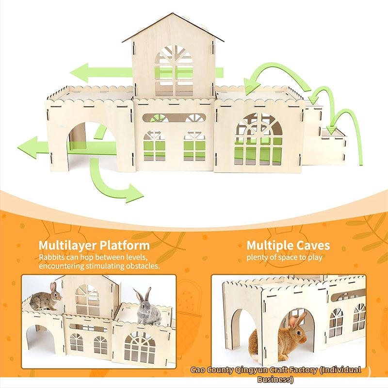 Drveni dvorac za zečeve — prostrano prozračno skrovište za unutarnje zečeve, hrčke i guinejske svinje, marka Qingyun chuang