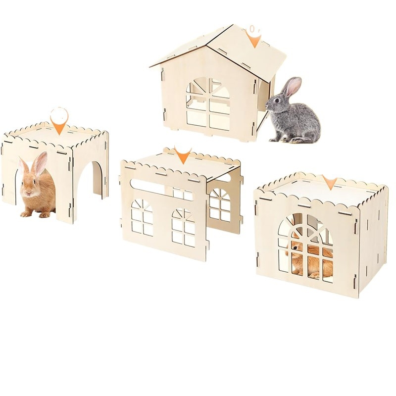 Drveni dvorac za zečeve — prostrano prozračno skrovište za unutarnje zečeve, hrčke i guinejske svinje, marka Qingyun chuang