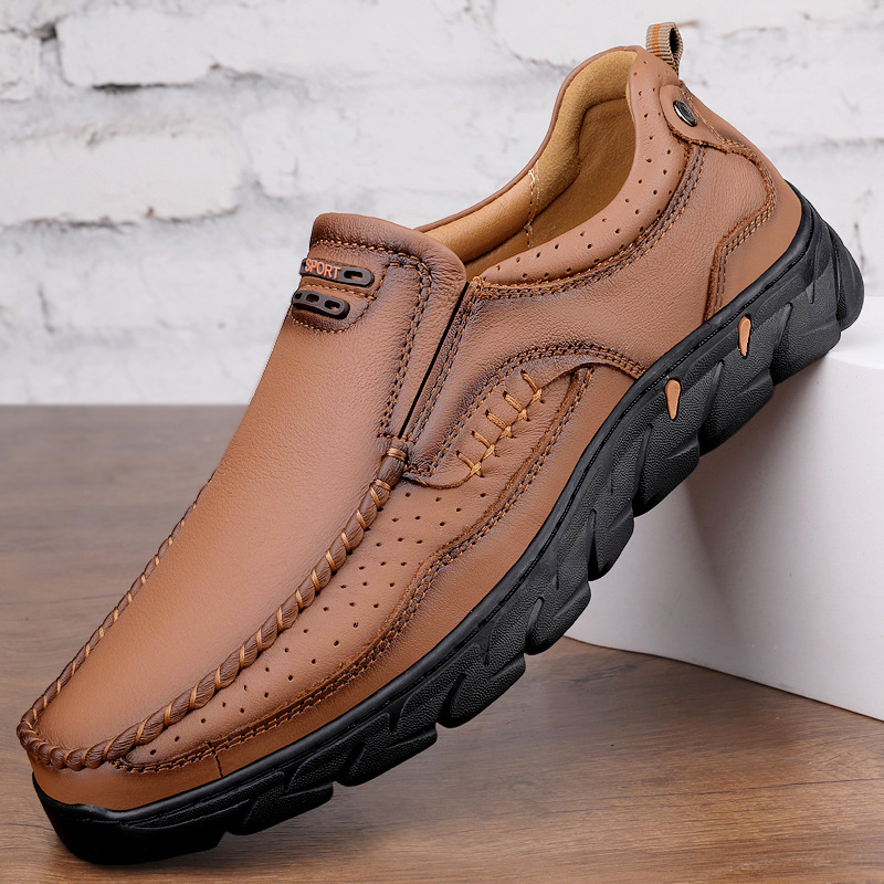 Muški kožni loaferi (dišući, ručna izrada, slip-on, dvostruki sloj goveđe kože, ravna peta)