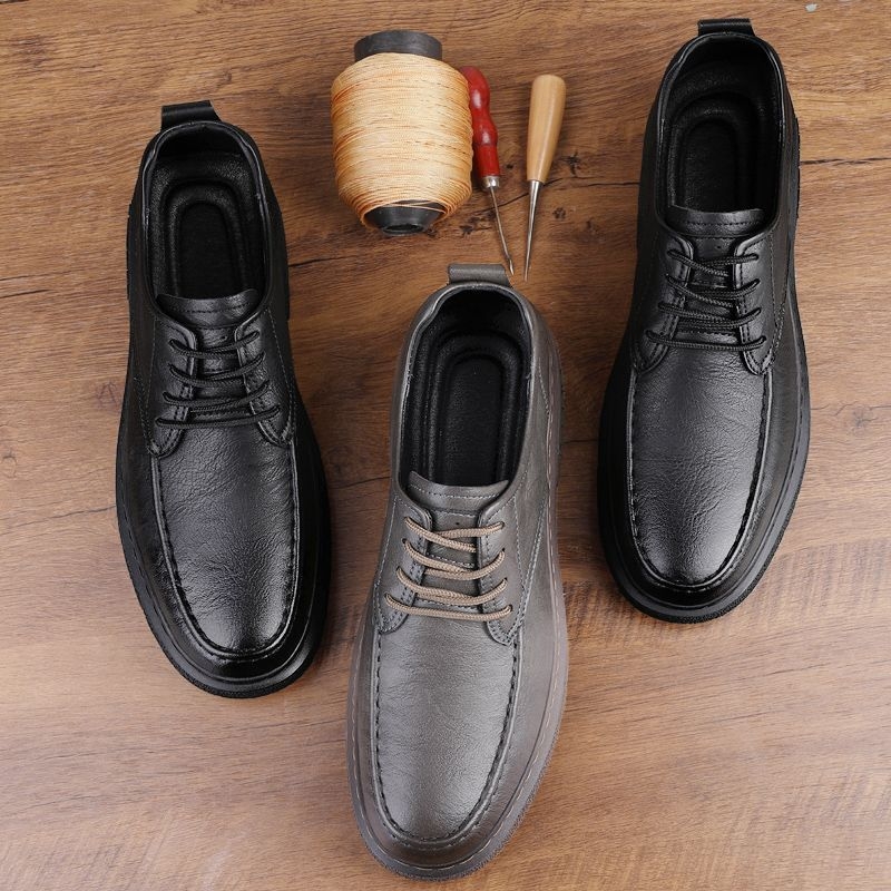 Ghete de muncă bărbați, stil englezesc, talpă groasă; respirabile, ușoare, antialunecare; partea superioară din piele de vițel de nivel secundar, branț din latex