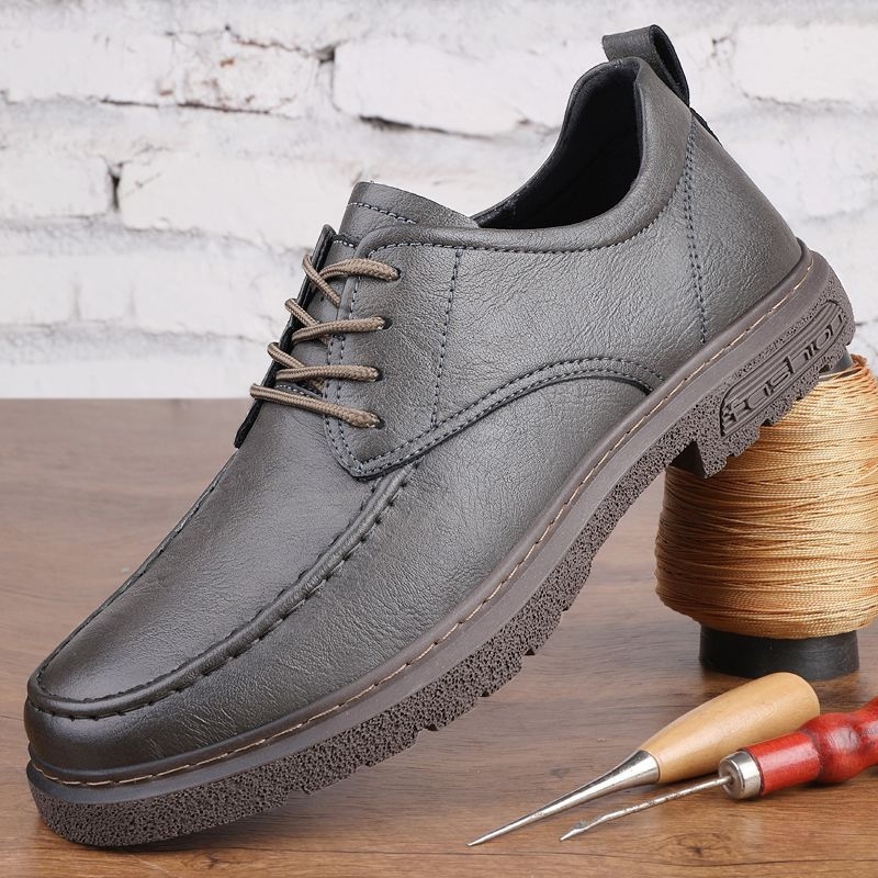 Ghete de muncă bărbați, stil englezesc, talpă groasă; respirabile, ușoare, antialunecare; partea superioară din piele de vițel de nivel secundar, branț din latex