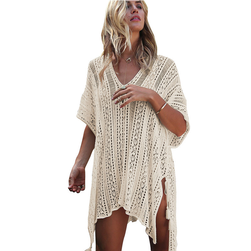 Rochie de plajă cu decolteu în V adânc, mâneci tip bat, fustă neregulată midi, material poliester, talie elastică