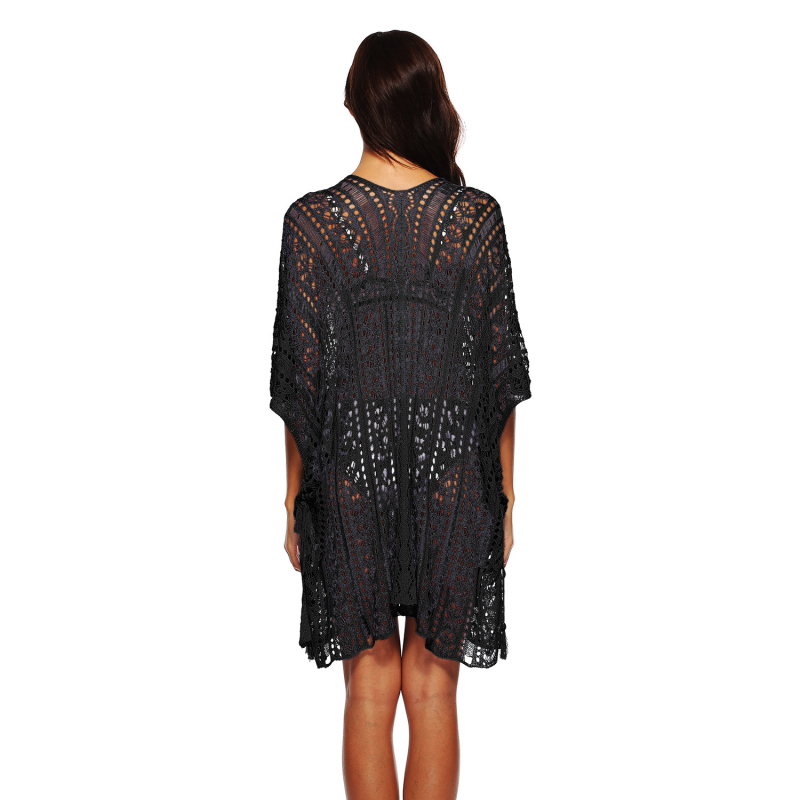 Rochie de plajă cu decolteu în V adânc, mâneci tip bat, fustă neregulată midi, material poliester, talie elastică