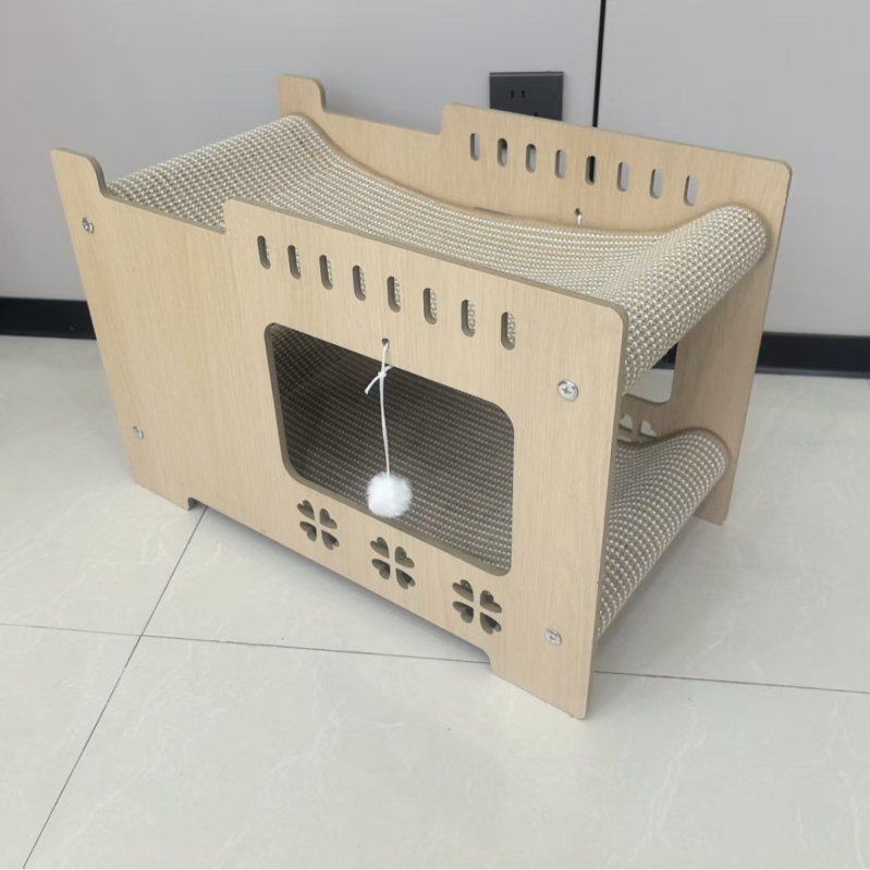 Дървено котешко гнездо с висяща лежанка – четири сезона, дишащо и топло, за вътрешна и външна употреба