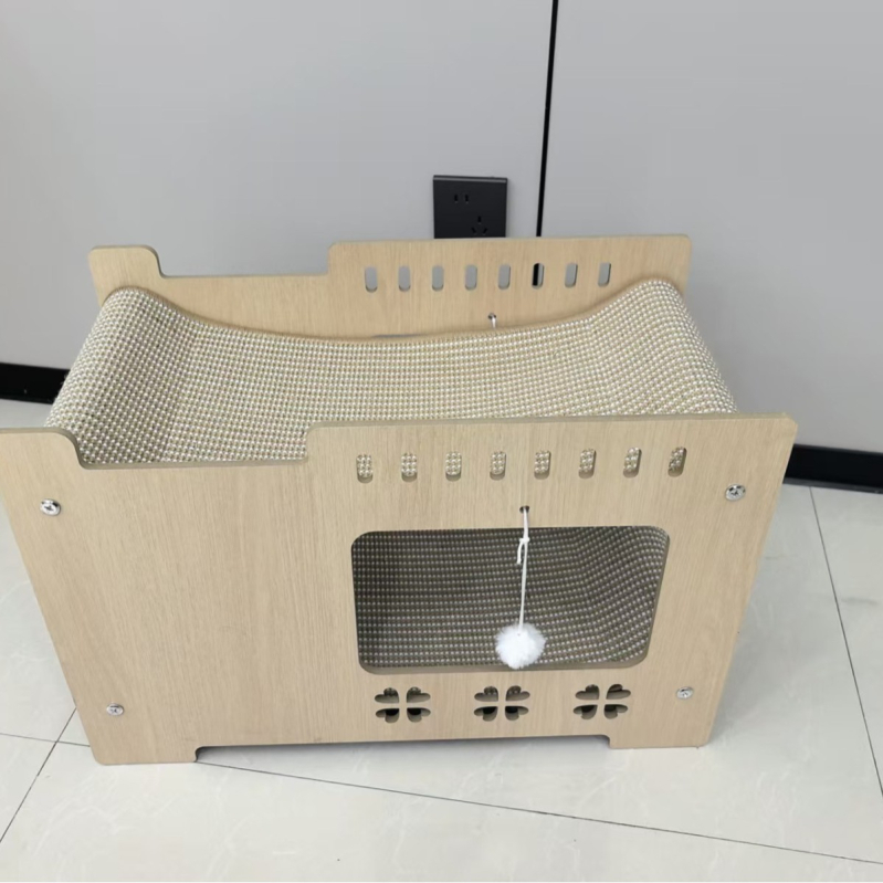 Дървено котешко гнездо с висяща лежанка – четири сезона, дишащо и топло, за вътрешна и външна употреба