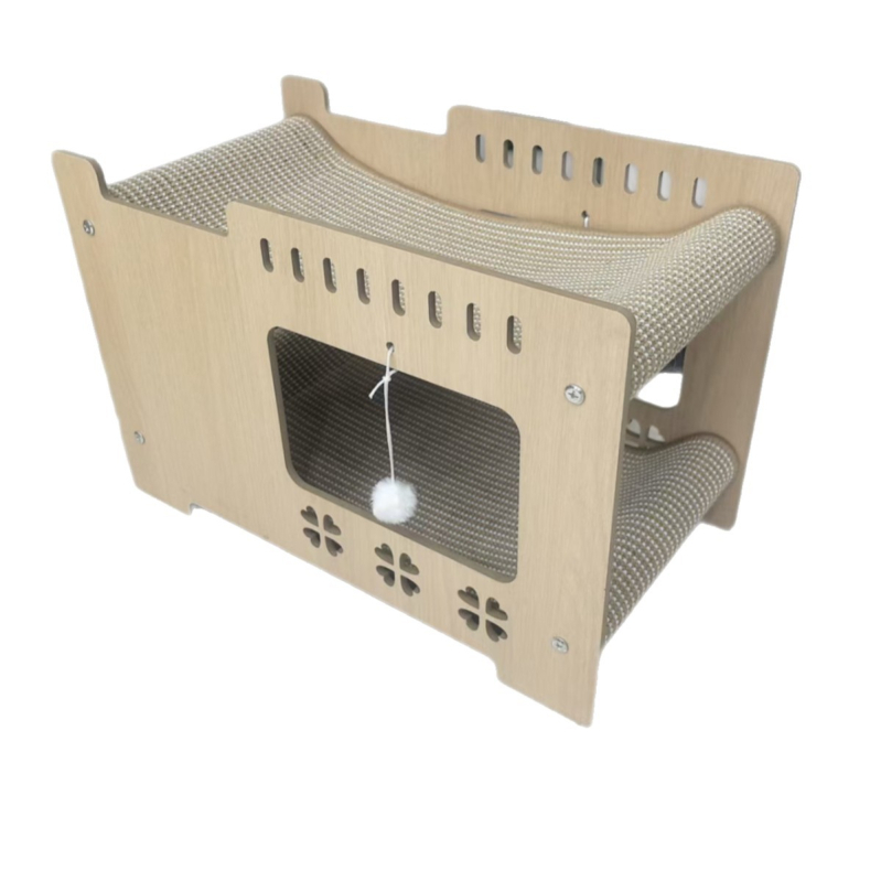 Дървено котешко гнездо с висяща лежанка – четири сезона, дишащо и топло, за вътрешна и външна употреба