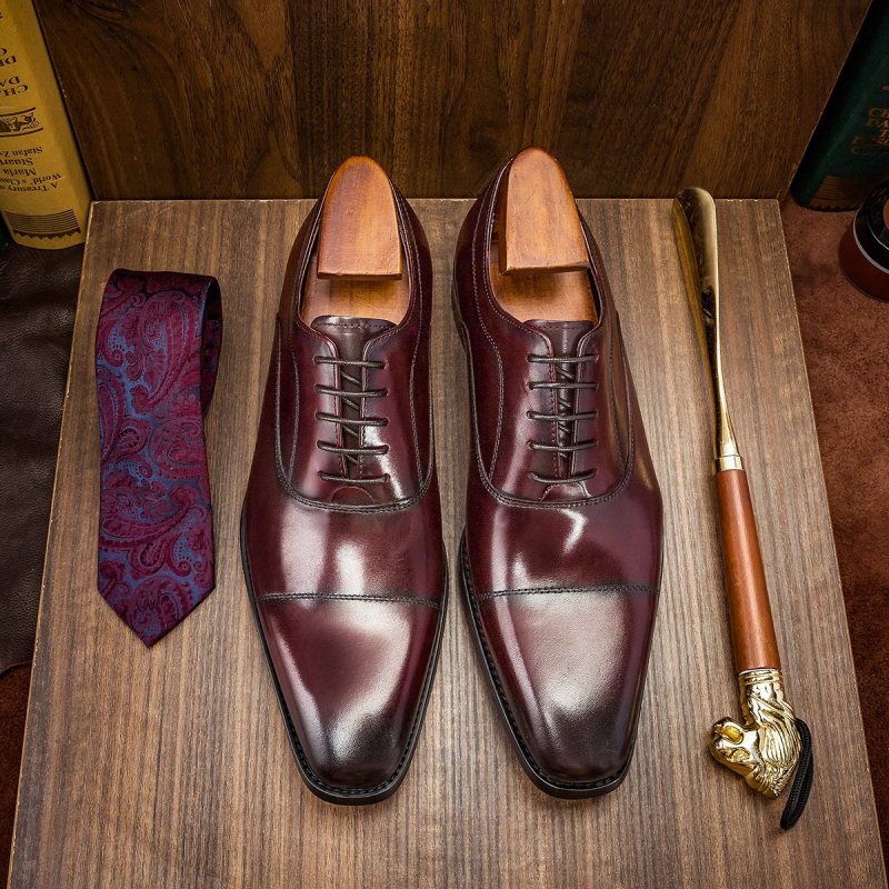 Мъжки официални обувки от телешка кожа, гумена подметка, квадратен нос, връзки