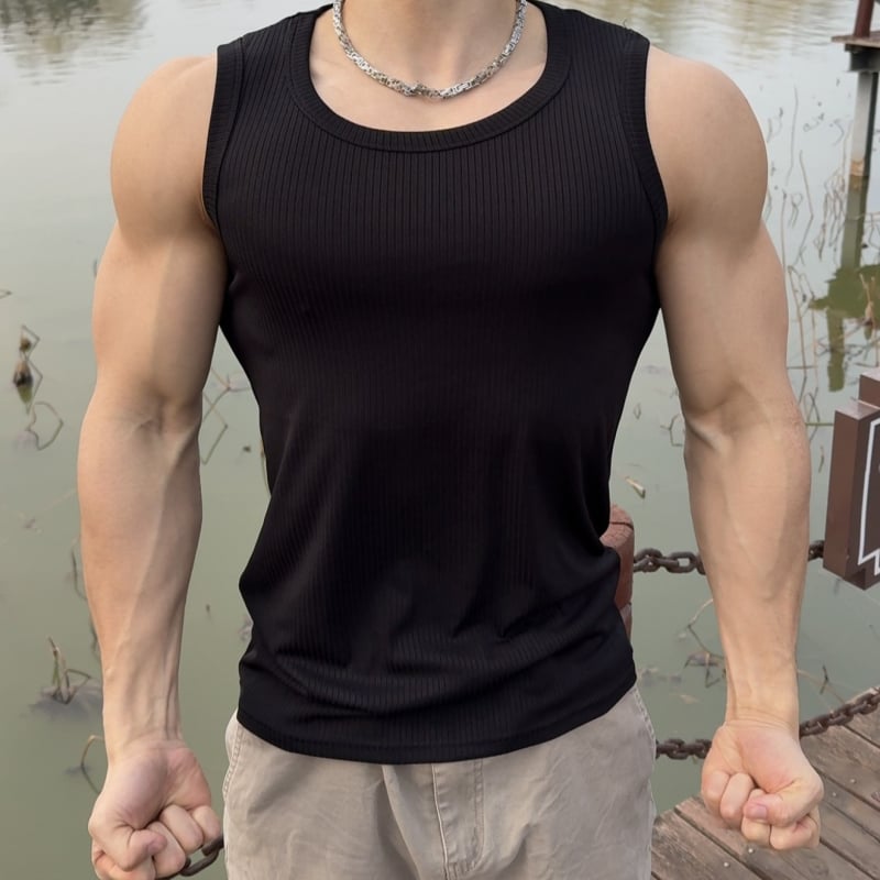 Ανδρικό αμάνικο αθλητικό τοπάκι με ελαστικό, διαπνέον ύφασμα, 94% πολυεστέρας, μονοχρωμó σχέδιο