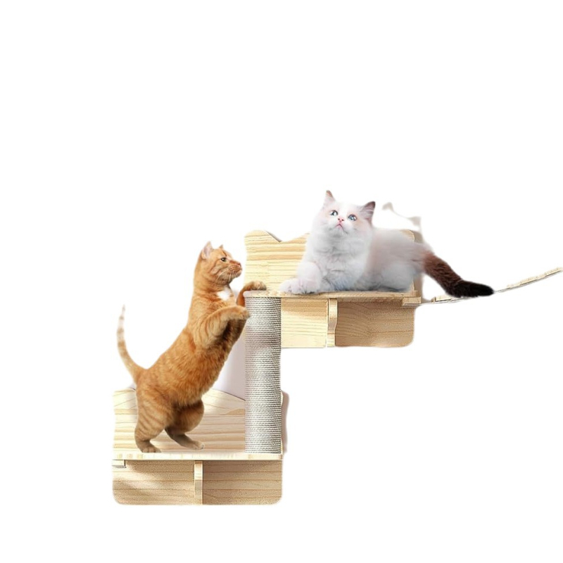 Ξύλινα έπιπλα για γάτες τοίχου: φωλίτσα γάτας, σκελετός ανάβασης, πλατφόρμα τοίχου και σκάλα