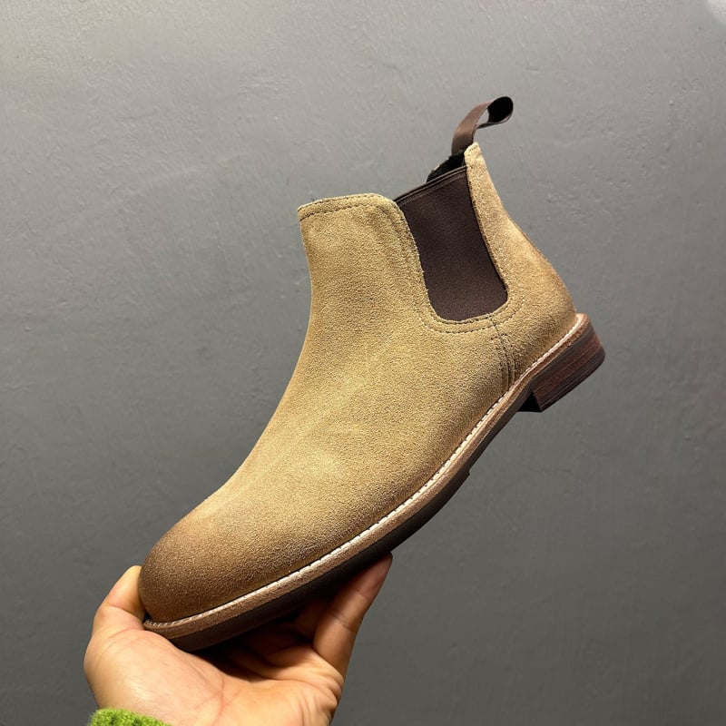 Muške Chelsea čizme od goveđeg velura, ručno izrađene, gumeni potplat, okrugli vrh, niska peta