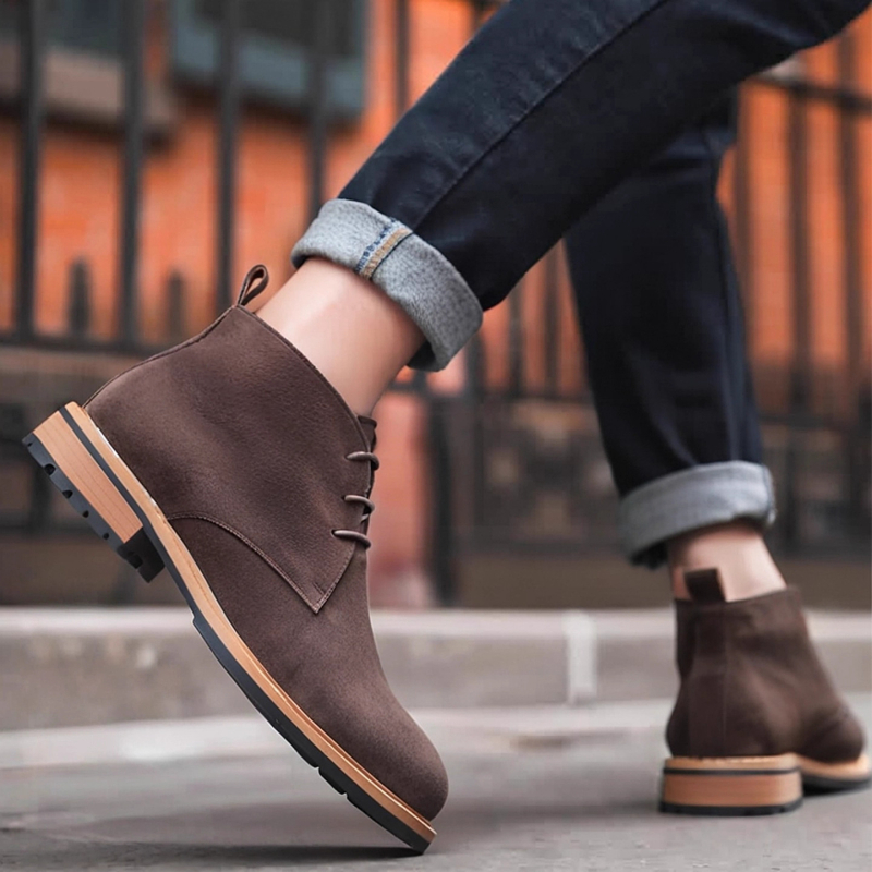 Muške čizme od nubuk suede i kože, britanskog stila, vezanje, gumena potplat, okrugli nos