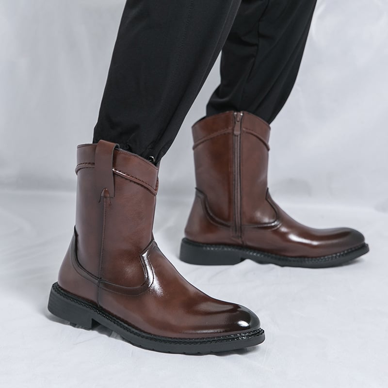 Férfi bőrből készült csizma PU felsőrésszel, gumírozott talp, középmagas szár, kerek orr, PU talpbetét (Ősz 2024)