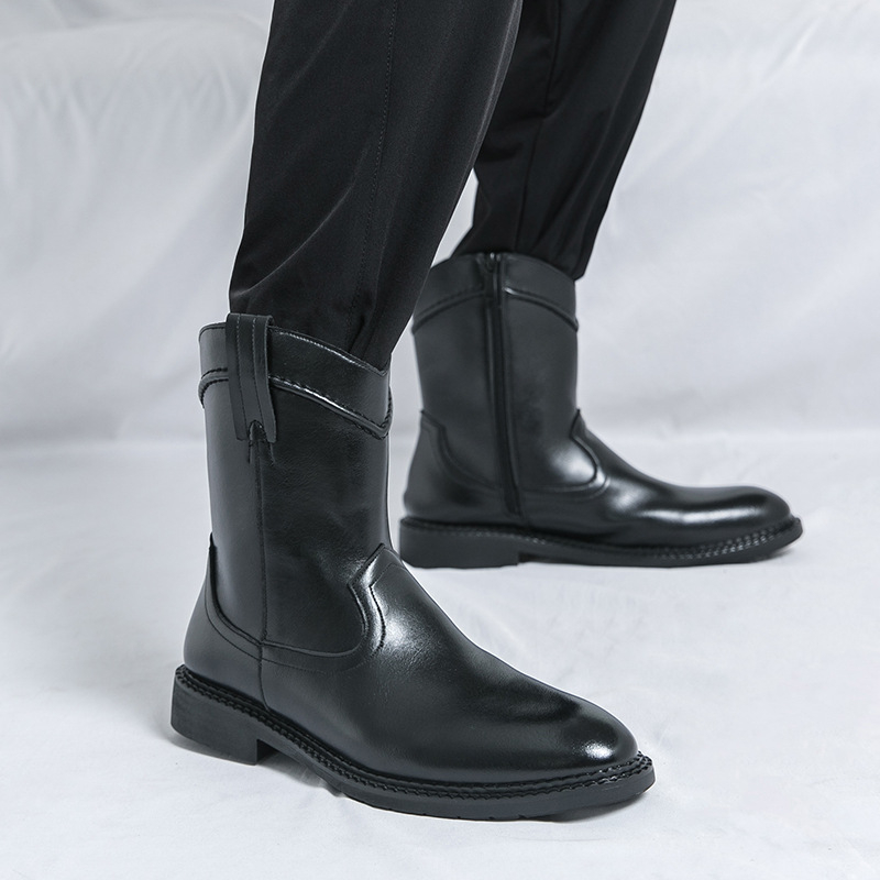 Férfi bőrből készült csizma PU felsőrésszel, gumírozott talp, középmagas szár, kerek orr, PU talpbetét (Ősz 2024)