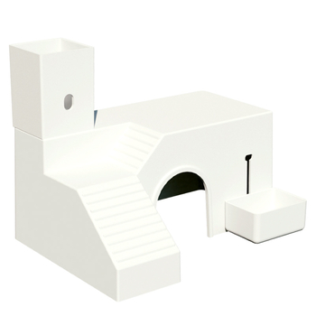 Cuib pentru hamster cu platformă, sticlă de apă și farfurie pentru mâncare — construcție din lemn, marcă YMG