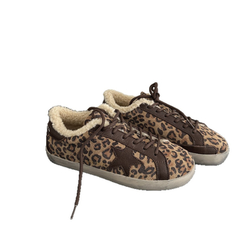 Ženske zimske tenisice s flecom, leopard uzorak, gornji dio od nubuka govedje boje, dvostruka podstava od svinjske kože, vezanje, retro stil, gumeni potplat