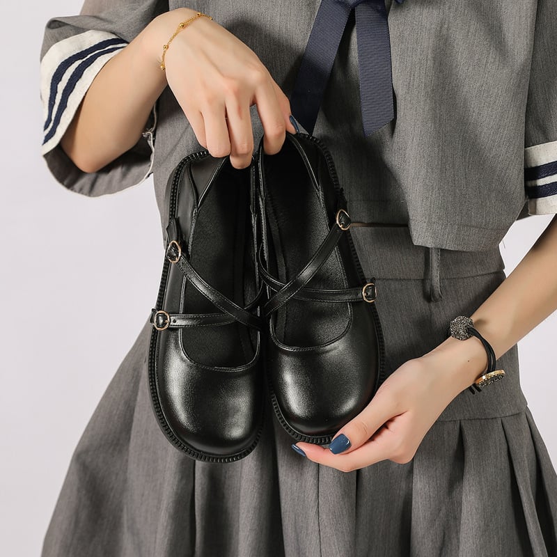 Ženske JK kožne cipele od sintetičke kože, okrugli vrh, niski pet 1-3 cm, gumeni potplat, EVA ulošak, u stilu JK uniforme