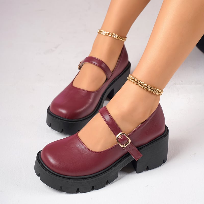 Pantofi Mary Jane cu platformă, suprafață PU, vârf rotund, toc în formă de cui 3–5 cm, stil japonez JK