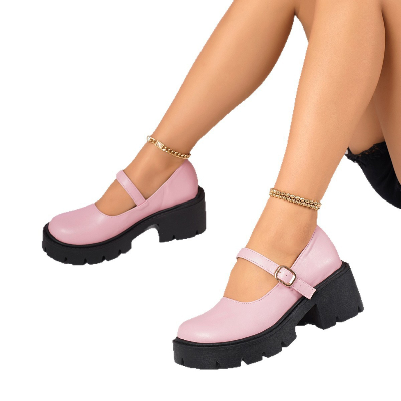 Pantofi Mary Jane cu platformă, suprafață PU, vârf rotund, toc în formă de cui 3–5 cm, stil japonez JK