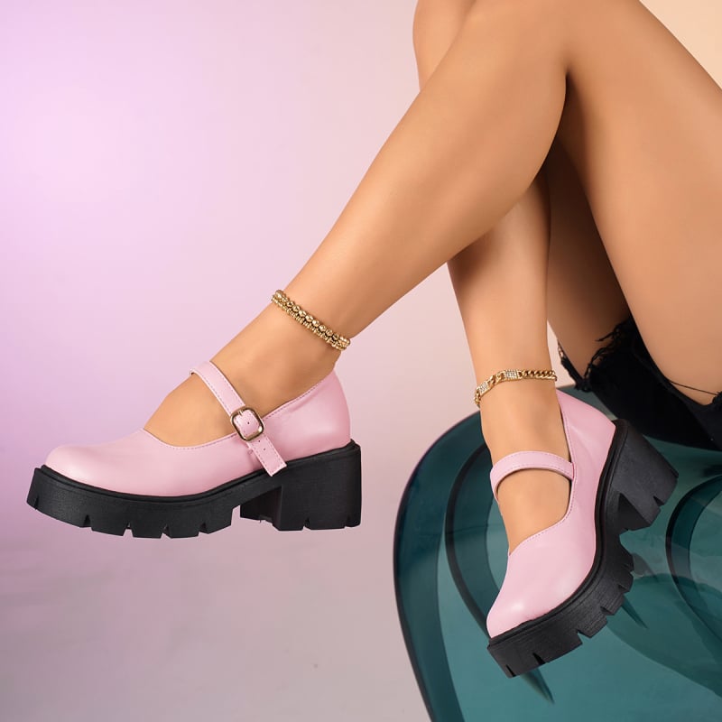 Pantofi Mary Jane cu platformă, suprafață PU, vârf rotund, toc în formă de cui 3–5 cm, stil japonez JK