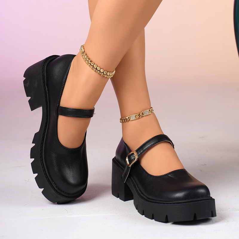 Pantofi Mary Jane cu platformă, suprafață PU, vârf rotund, toc în formă de cui 3–5 cm, stil japonez JK