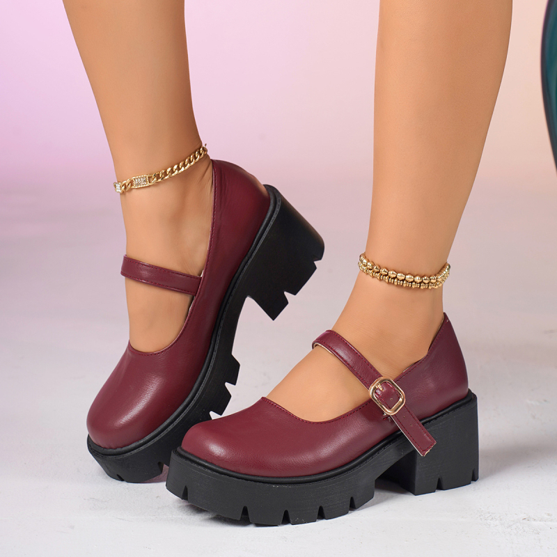 Pantofi Mary Jane cu platformă, suprafață PU, vârf rotund, toc în formă de cui 3–5 cm, stil japonez JK