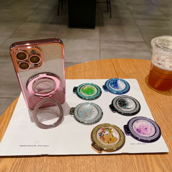 Suport pentru telefon cu inel metalic, autocolant pe spate cu efect nisip, stand de birou portabil — Personalizare disponibilă