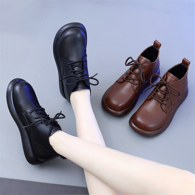 Cizme Martin din piele naturală pentru femei, stil britanic, gambă joasă, vârf rotund, talpă din cauciuc