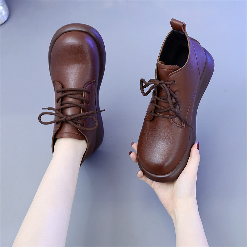 Cizme Martin din piele naturală pentru femei, stil britanic, gambă joasă, vârf rotund, talpă din cauciuc