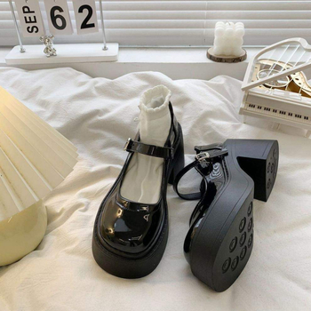 Pantofi Mary Jane din PU pentru femei, toc gros tip platformă (1–3 cm), slip-on, talpă din cauciuc, stil coreean, vară