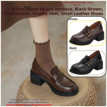 Loafers din piele cu creștere de 8,0 cm, vârf rotund, toc gros, slip-on cu cataramă