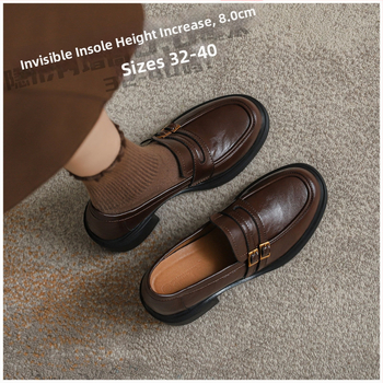 Loafers din piele cu creștere de 8,0 cm, vârf rotund, toc gros, slip-on cu cataramă