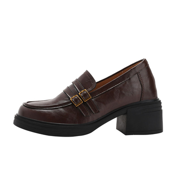 Loafers din piele cu creștere de 8,0 cm, vârf rotund, toc gros, slip-on cu cataramă