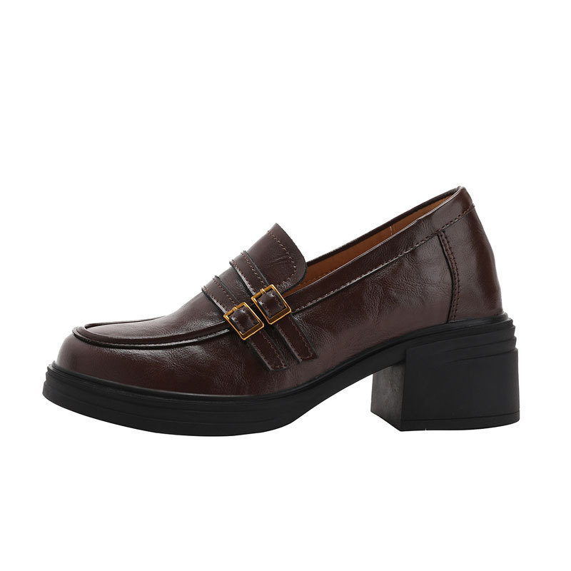 Loafers din piele cu creștere de 8,0 cm, vârf rotund, toc gros, slip-on cu cataramă