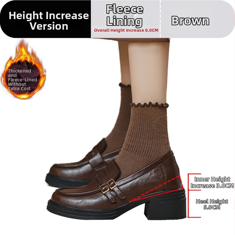 Loafers din piele cu creștere de 8,0 cm, vârf rotund, toc gros, slip-on cu cataramă