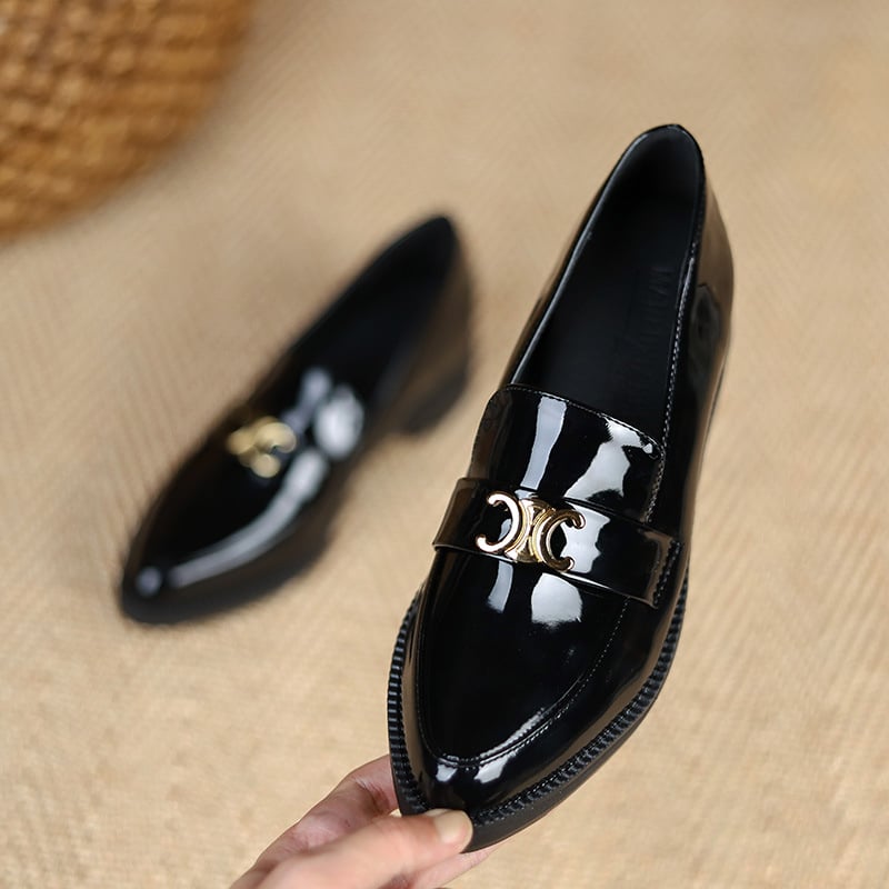 Mocasini dama slip-on cu vârf ascuțit, partea superioară PU, toc tip pană 3–5 cm, talpă din cauciuc