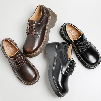 Pantofi din piele în stil colegiu, talpă groasă, din două straturi de piele de vacă, vârf rotund, toc mediu 3-5 cm, talpă din tendon de vițel