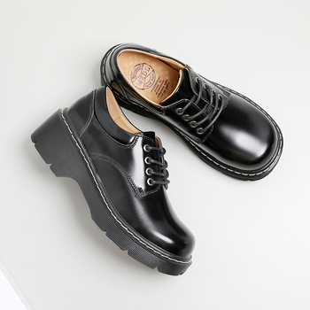 Pantofi din piele în stil colegiu, talpă groasă, din două straturi de piele de vacă, vârf rotund, toc mediu 3-5 cm, talpă din tendon de vițel