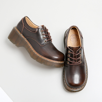 Pantofi din piele în stil colegiu, talpă groasă, din două straturi de piele de vacă, vârf rotund, toc mediu 3-5 cm, talpă din tendon de vițel