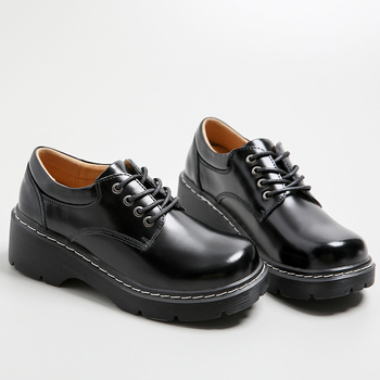 Pantofi din piele în stil colegiu, talpă groasă, din două straturi de piele de vacă, vârf rotund, toc mediu 3-5 cm, talpă din tendon de vițel