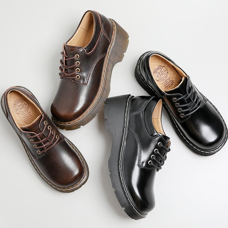 Pantofi din piele în stil colegiu, talpă groasă, din două straturi de piele de vacă, vârf rotund, toc mediu 3-5 cm, talpă din tendon de vițel