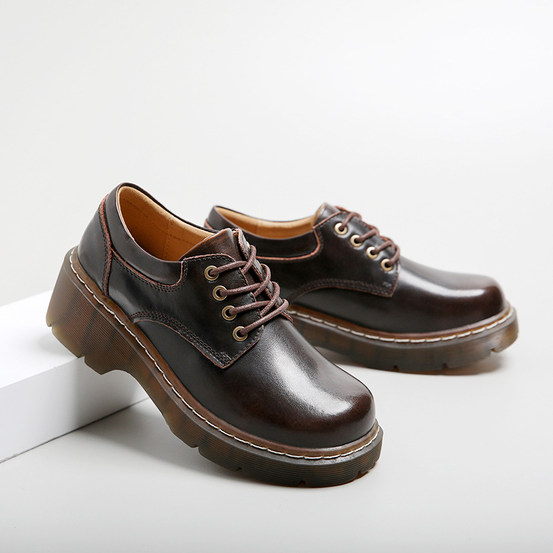 Pantofi din piele în stil colegiu, talpă groasă, din două straturi de piele de vacă, vârf rotund, toc mediu 3-5 cm, talpă din tendon de vițel