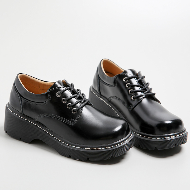 Pantofi din piele în stil colegiu, talpă groasă, din două straturi de piele de vacă, vârf rotund, toc mediu 3-5 cm, talpă din tendon de vițel